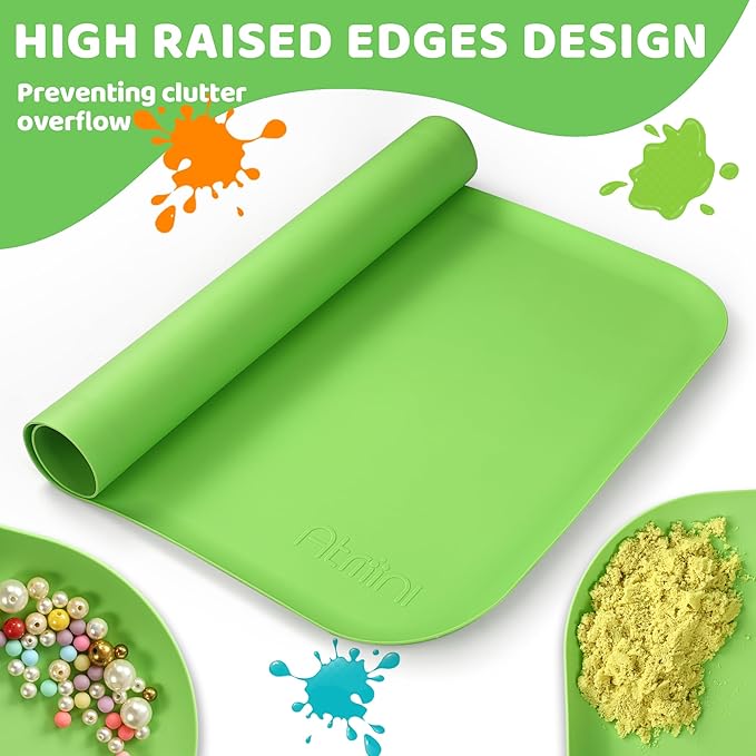 Silicone Craft Mats for Kids 24"x16"– with Raised Lip & Non-Slip | Reusable Silicone Art Mat for Play Sand, Painting, DIY Crafts | Durable Design (Green)