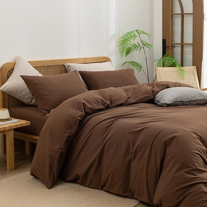 BESTOUCH Duvet Cover Set 100% Washed Cotton Linen Feel Super Soft Comfortable Chic Lightweight 2 PCs Home Bedding Set Solid Cocoa Brown Twin/Twin XL
