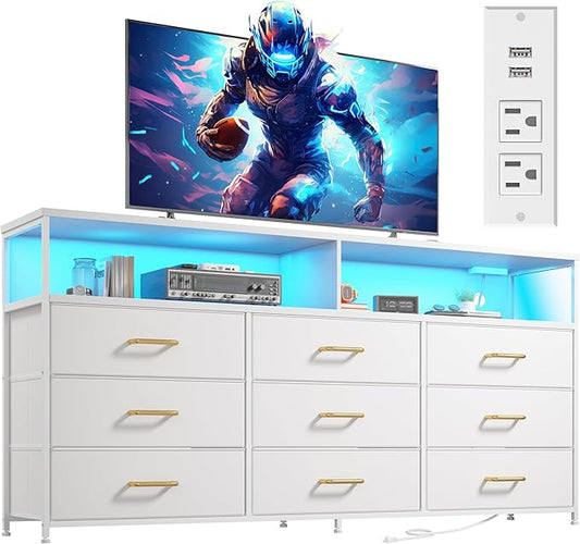 55” W White Dresser for Bedroom with Charging Station & LED, 65" TV Stand for Bedroom with 9 Fabric Drawers, Sturdy Chest of Drawers with Open Storage Shelves for Closet, 55.12" Wx11.81 Dx35.43 H