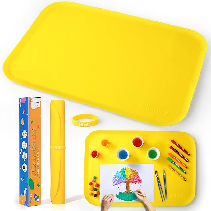 Silicone Craft Mats for Kids 24"x16"– with Raised Lip & Non-Slip | Reusable Silicone Art Mat for Play Sand, Painting, DIY Crafts | Durable Design (Yellow)