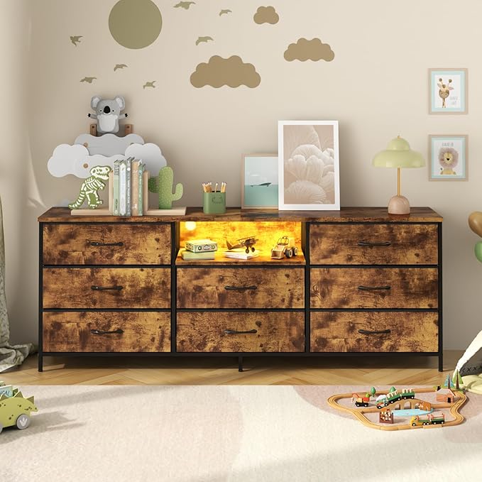 Loomie 63 Inch Dresser for Bedroom, Wide Long Fabric Dresser with LED Lights & 8 Drawers, Large TV Stand for 55, 65, 70 Inch TV, Entertainment Center with Storage (Rustic Brown)
