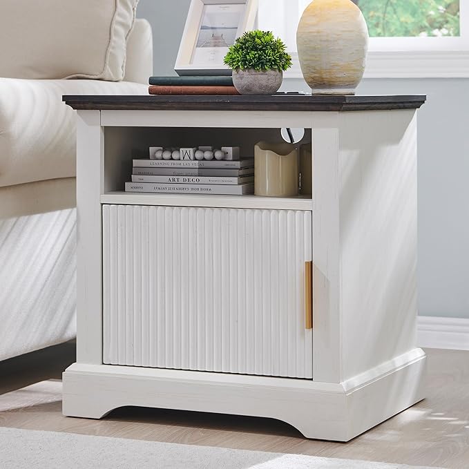 Fluted Nightstand Set of 2, 22" Large Modern Side Table with Charging Station, Wood End Table w/Open Shelf, Bedside Table with Storage Space for Bedroom, Living Room (White)