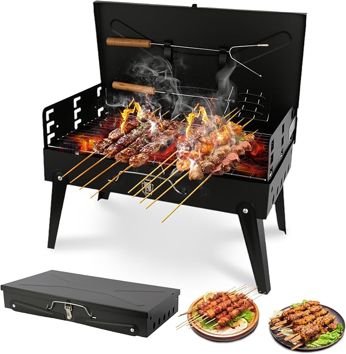 Portable Charcoal Grill Foldable BBQ Grill Kit - Compact Camping Grill for Outdoor BBQ, Cooking, Picnics, Beach, Backyard - Barbecue Accessories with Grill Tools