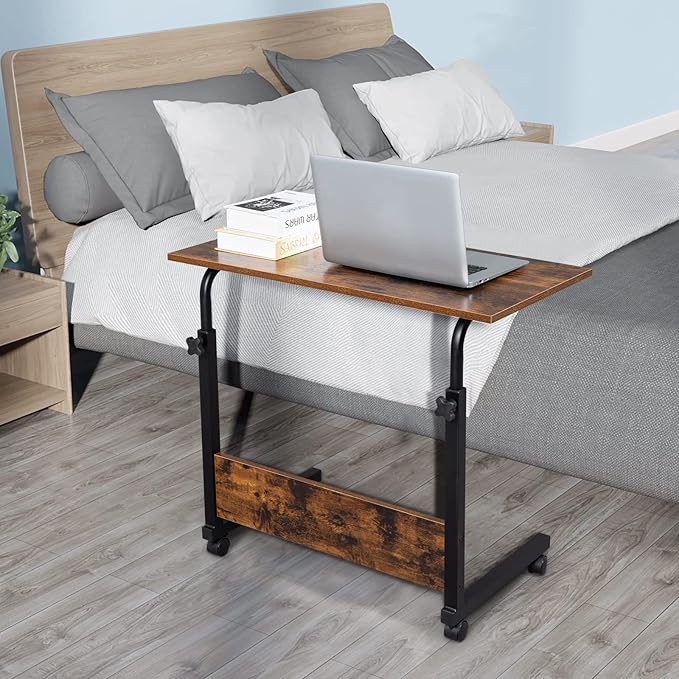Goujxcy Sofa Side Table C Shaped End Table with Wheels, Rolling Bedside Laptop Table Snack Table TV Tray, Height Adjustable, Wooden Top & Metal Frame