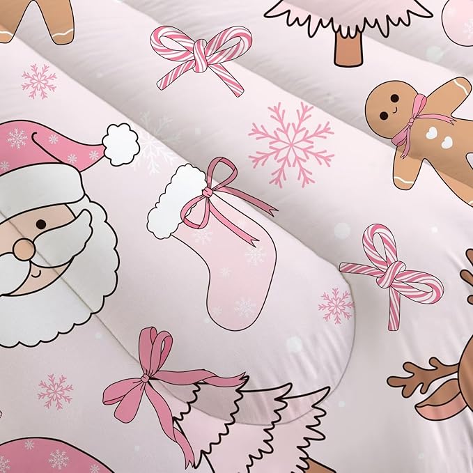 Light-Pink Christmas Comforter Set Full for Girls, Cute Santa Claus Christmas Tree and Reindeer Printed Bedding Set, Cartoon Xmas Bed Set with 1 Comforter and 2 Pillowcases