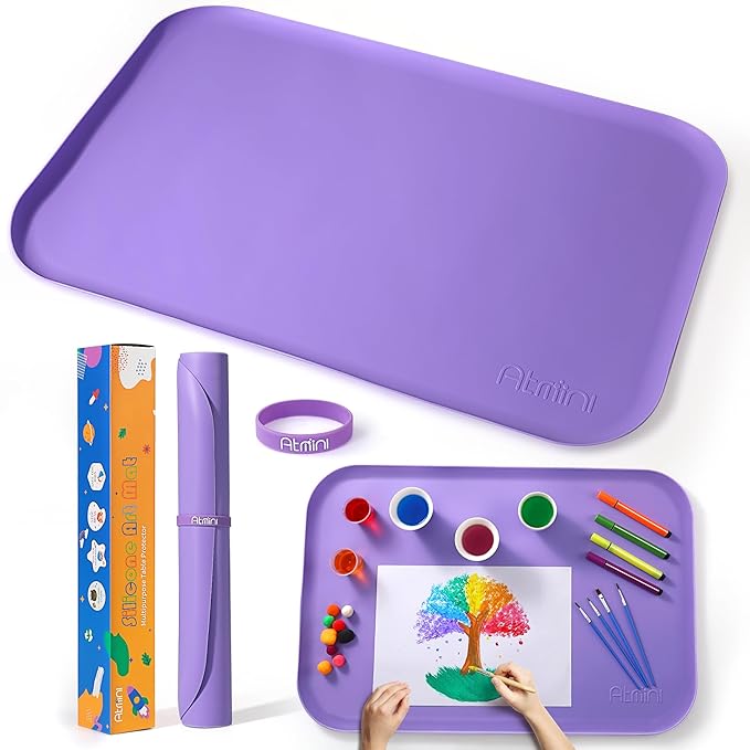 Silicone Art Mats for Kids, 24"x16" Silicone Craft Mat with Lip to Keep Clean, Play Sand, Painting, DIY Crafts Mat for Kids (Purple)