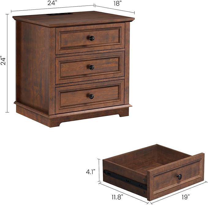 Nightstand with Charging Station Set, 24” Wide End Table with 3 Drawers Set of 2, Modern Bedside Table with Storage, Wood Small Dresser for Bedroom Living Room. (Cherry)