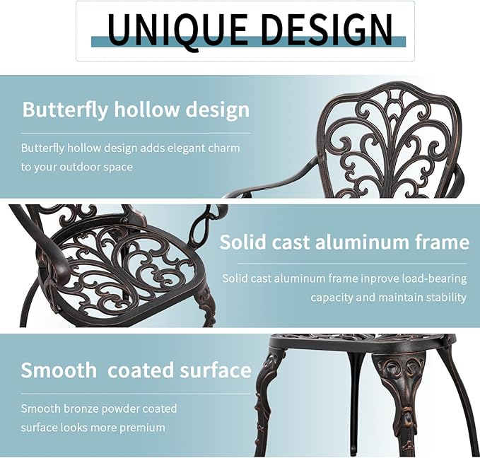 Bistro Set 3 Piece Outdoor Bistro Table and Chair Set of 2 Cast Aluminum Patio Furniture with Umbrella Hole,Patio Bistro Table Sets for Garden,Yard(Brown)