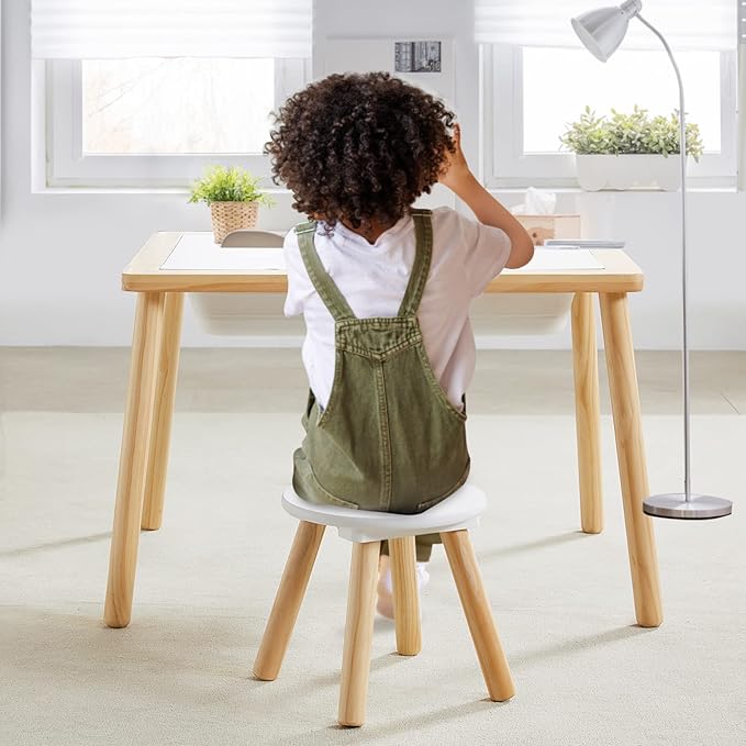 Beright Wooden Step Stool for Kids, 9 Inch Round Kids Chair fit with Sensory Table, Sturdy Sitting Stool with Assembled Four-Legged for Children Toddler, 1 Pack