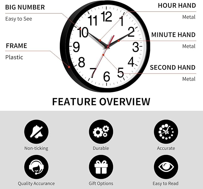 Wall Clock Modern 10 Inch Black Battery Operated Silent Non Ticking Analog for Living Room Office Home Bedroom Kitchen Bathroom