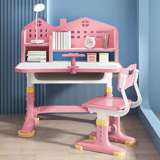 Kids Study Desk and Chair Set, Height Adjustable Kids School Desk, Cartoon Learning Desks, Kids Desk with Storage, Children Study Table with Storage, Castle Backboard, Bookshelf (Pink)
