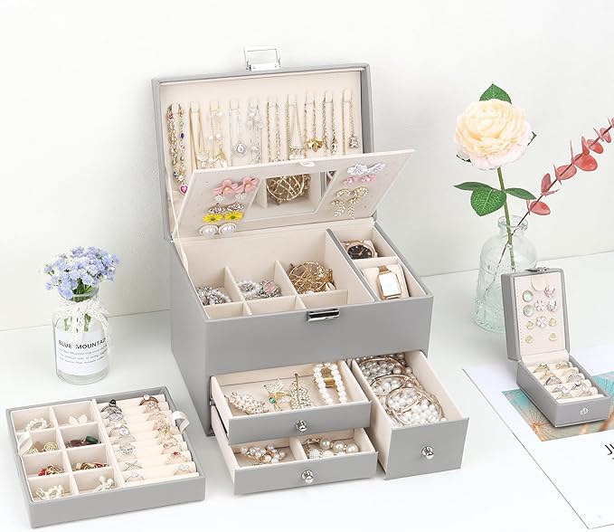 DesignSter Jewelry Organizer Box, 3 Layers Large Jewelry Box with Travel Jewelry Case and Removable Tray, Jewelry Storage Case with Mirror for Necklaces Earrings Rings Bracelets Watches (Gray)