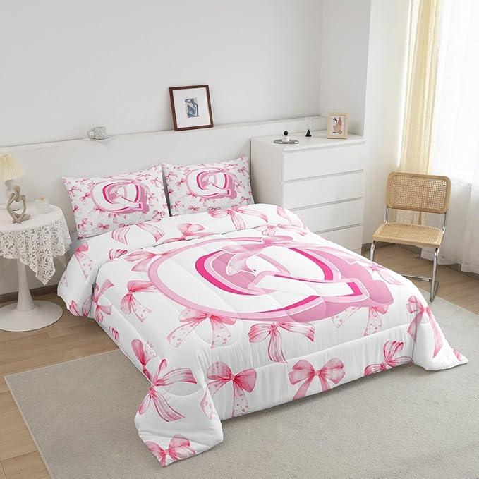 jejeloiu Kids Girls Cute Pink Bow Comforter Set Toddler Size Monogrammed Bedding Set Ultra Soft Personalized Initial Duvet Quilt Coquette Bow Knot Quilt Set Room Decor Modern Fashion Comforter