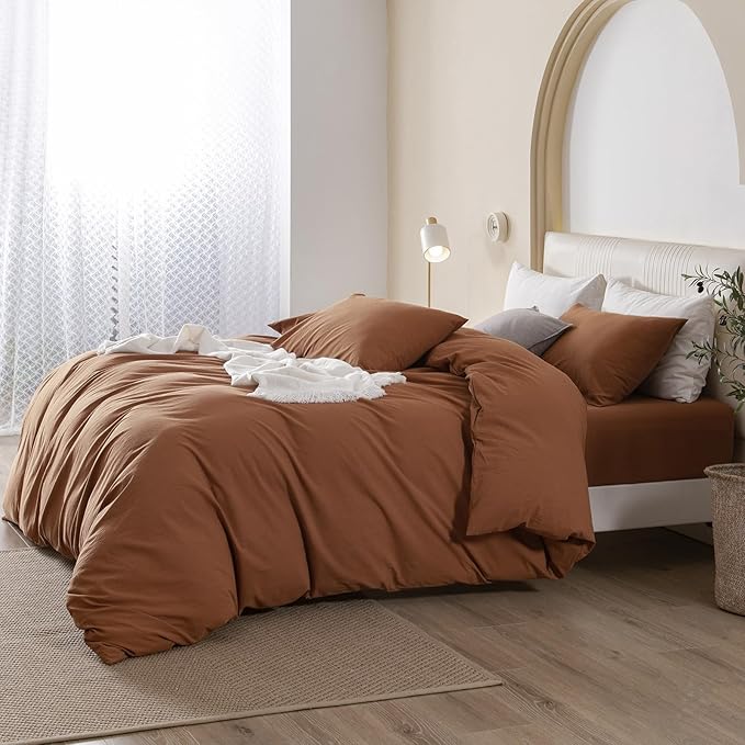 JIYUAN 100% Washed Cotton Duvet Cover Set 3 Pieces Queen, 1 Duvet Cover 90x90 Inches(Comforter Not Included) and 2 Pillowcases,Linen Feel Bedding Set Comfy and Breathable,Burnt Orange