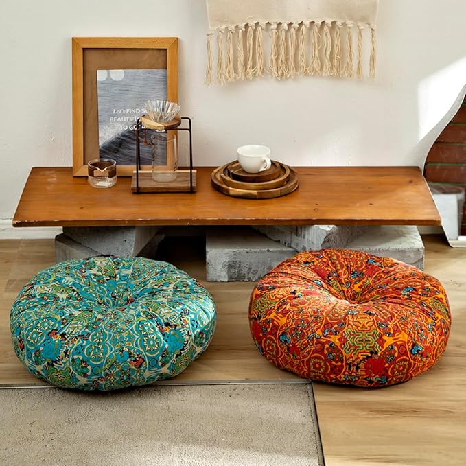 vctops Boho Cotton Linen Round Chair Seat Cushions for Dining Kitchen Office Chairs Patio Super Soft Printed Chair Pads Floor Pillow (Blue,22"x22")