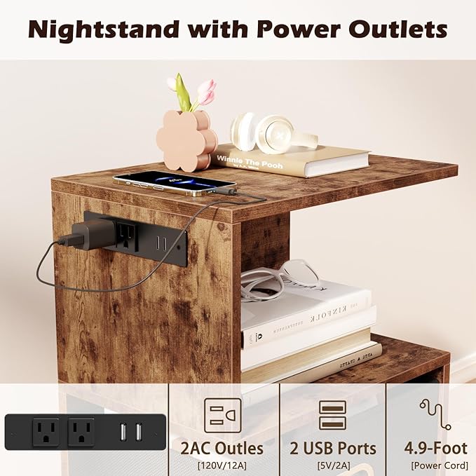 Furologee Nightstand with Charging Station and Drawer, 3 Tier End Table with Open Shelf, Wood S Shaped Bedside Table with Storage for Living Room/Bedroom/Small Space, Rustic Brown