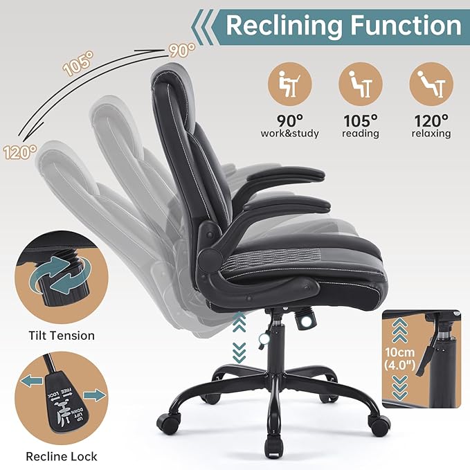 YFO Leather Office Ergonomic Home Office Desk Chair, Back Support Swivel Executive Office Chair with Wheels and Flip-Up Armrests, Small Gaming Chair with Adjustable Rocking Function, Black