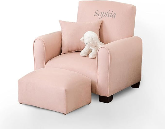 Toddler Personalized Armchair, Kids Upholstered Rocking Chair with Personalization, Toddler Chair with Personalized Name, Comfy Child Armchair, (Blush Suede, Legs)