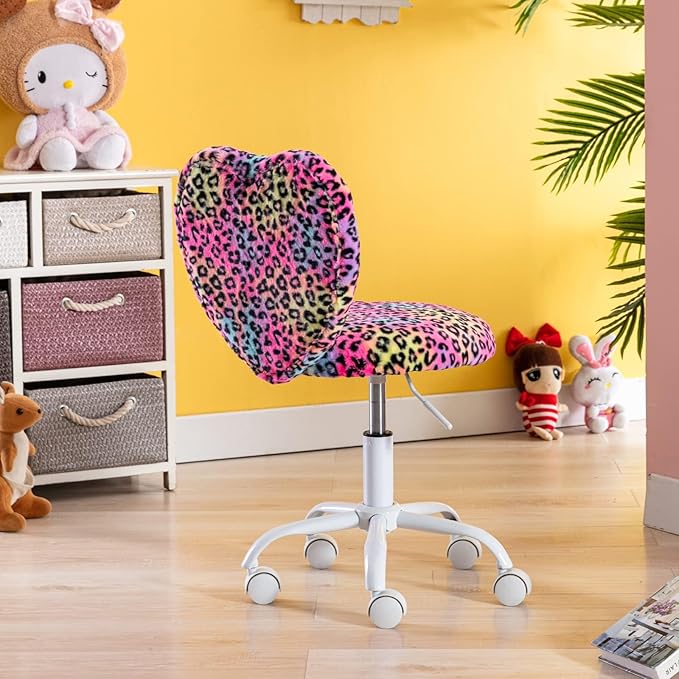Cute Fuzzy Kids Chair for Teenage Girls Rolling Study Desk Student Chair Furry Computer Task Chair, Adjustable Heart Shaped Reading Vanity Chair for Bedroom, Leopard
