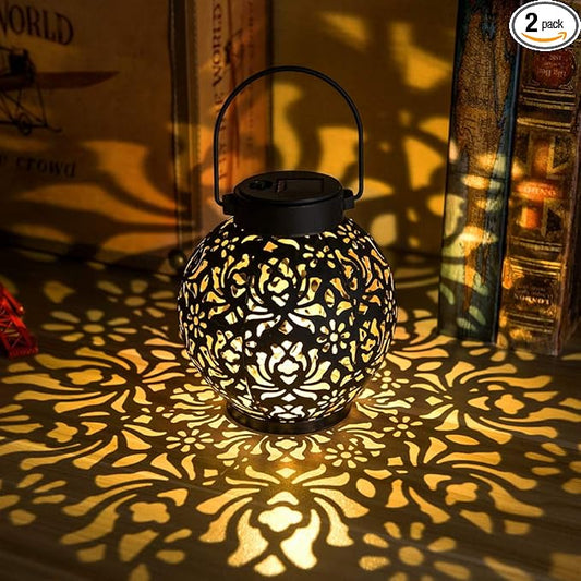 2 Pack Outdoor Solar Hanging Lantern Lights Metal LED Decorative Lamp for Garden Patio Courtyard Lawn and Table with Hollowed-Out Design (Black)