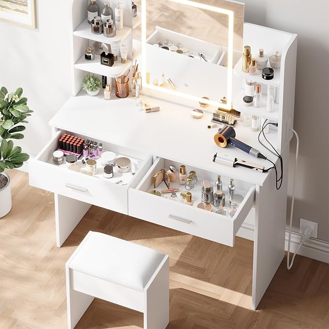 GAOMON Makeup Vanity Desk with Lights and Mirror, Vanity Table with 3 Lighting Modes, Storage Drawer, Shelves, Charging Station and Included Stool for Bedroom, White