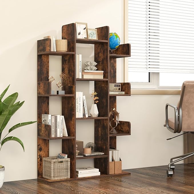 Tangkula Freestanding Tree Bookshelf, Corner Storage Organizer with 13 Open Shelves, Decorative Display Cube Shelf for Living Room, Study, Office, 34 x 9.5 x 55.5 Inch (2, Rustic Brown)