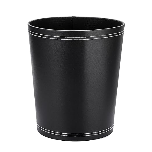 Sumnacon Round Leather Waste Basket,Small Classic PU Trash Garbage Can Under Desk Cabinet, Contemporary Wastebasket Bin for Home Office Laundry Room Living Room Bathroom Office,Black