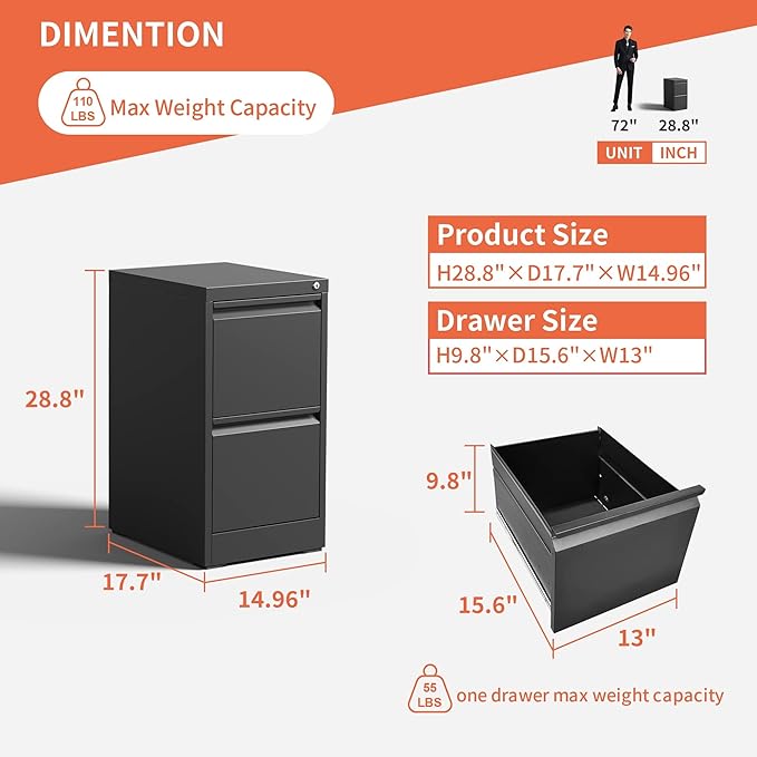2 Drawer File Cabinet with Lock,Metal Filing Cabinets for Home Office,Steel Vertical File Cabinet,Heavy Duty Metal Storage Cabinet for A4/Letter/Legal Size Files,Assembly Required