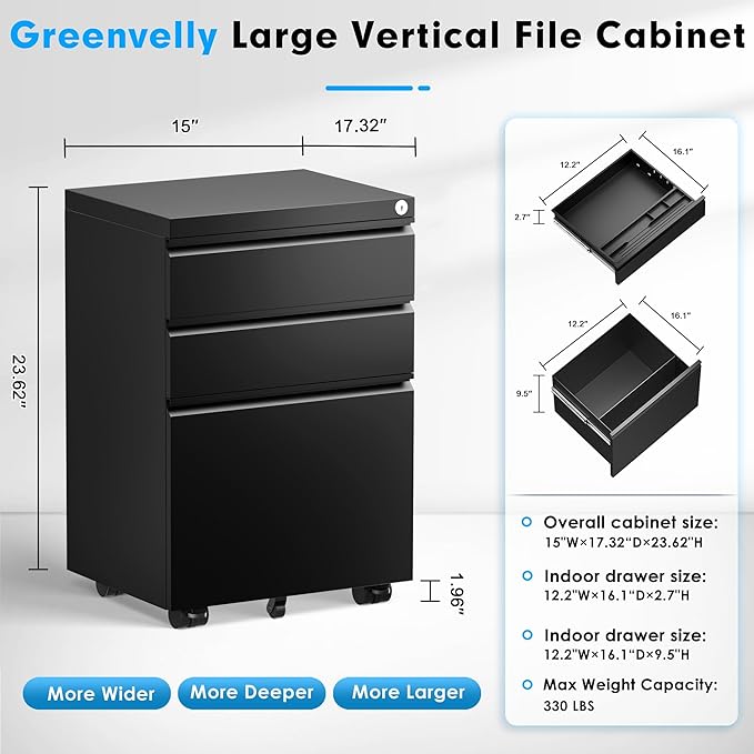 Greenvelly 3-Drawer Mobile File Cabinet with Locking Drawers & Wheels, No assembly required Black Rolling Metal Filing Cabinet for Home Office, Lockable File Organizer Under Desk or Letter/Legal Files