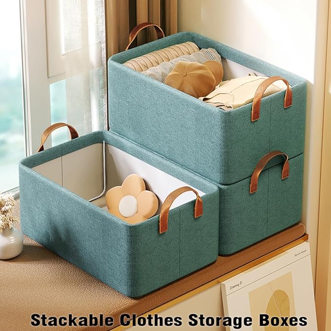 AARAINBOW 4 Pcs Closet Clothes Organizer with Handle, Fabric storage Box with Steel Frame Stackable Shelf Storage Baskets Foldable Storage Baskets for Organizing clothes Toys, 23L (4 Green)