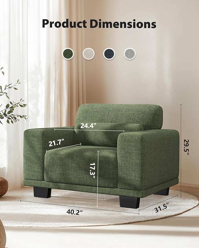 Pipishell Modern Accent Chair, Oversized Armchair with Thick Cushion & Wide Seat Armrests, Reading Chairs Comfy Arm Chair, Removable Sofa Cushion and Cover,Easy to Install, Green