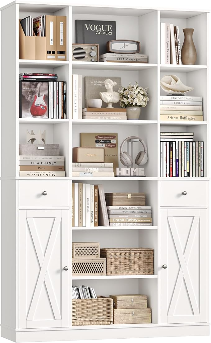 HOSTACK 74" Tall Book Shelf and Bookcase, 45" Wide Bookcase with Doors and Drawers, Modern 6 Tier Bookshelf with Storage, Large Wood Display Cabinet with Adjustable Shelves for Home Office, White