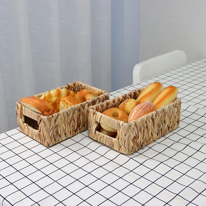 YAHUAN Woven Water Hyacinth Baskets for Organizing, Rectangular Wicker Baskets with Built-in Handles, Small Storage Baskets for Shelves, Kitchen, Make-Up,Toilet Tank Paper(Water Hyacinth 2-Pack)