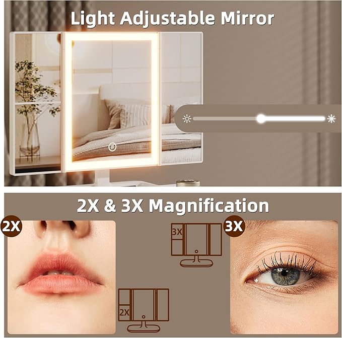 Small Makeup Vanity Desk 27.5''W with Mirror and Lights, Vanity Desk with 3 Fabric Drawers and Height-Adjustable Stand, Vanity Table for Girls Gifts, Bedroom and Small Spaces, White