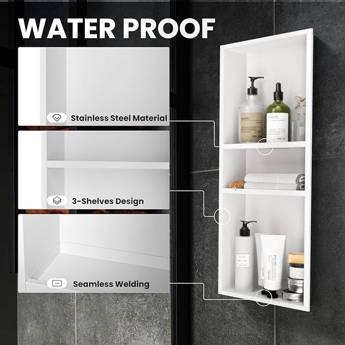 Stainless Steel Shower Niche 12" X 30"，3-Tier Recessed Wall Niche No Tile Needed Shower Shelf for Bathroom Storage (4x12x30 White)