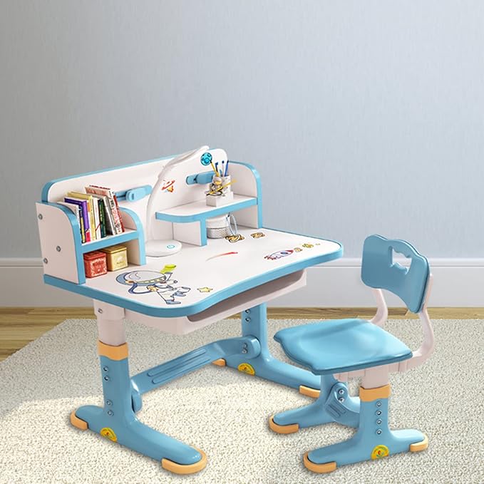 Kids Desk and Chair Set, Height Adjustable Children Study Desk, Golden Distance Preventing Myopia Design, Children Study Desk with Spacious Storage Drawer for Boys Girls School Home Study Tool (Blue)