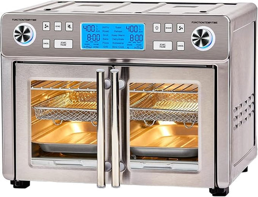 Dual Zone 360 Air Fryer Oven Combo with French Door, 25 QT Extra Large, Cook Two Foods in Different Ways, Up to 60% Faster from Frozen to Finish