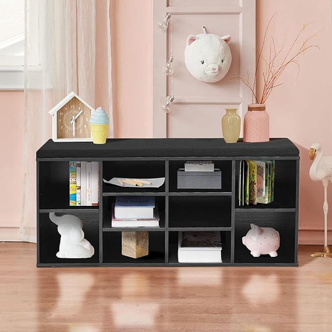 Giantex Shoe Storage Bench with Cushion, Entryway Shoe Rack Bench, Adjustable Shelves, 10-Cubbies Organizer Bench for Entryway, Living Room, Bedroom, Hallway, Closet, Mudroom (Black)