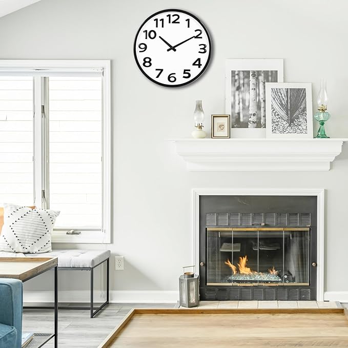 16 Inch Wall Clock Battery Operated Modern Simple Large Wall Clocks for Living Room Kitchen Office, Black/White, Big 3D Numbers