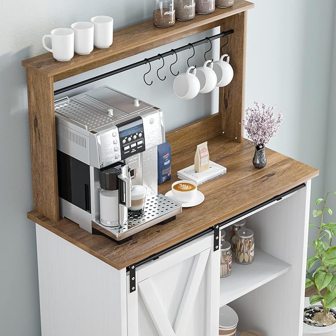 Farmhouse Coffee Bar Cabinet with 6 Hooks, White Coffee Bar Hutch with Storage, 50 Inch Buffet Cabinet with Sliding Barn Door, Coffee Bar Table with Adjustable Shelves for Living Dining Room