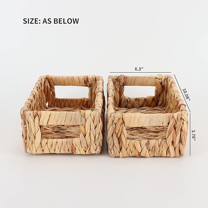 YAHUAN Woven Water Hyacinth Baskets for Organizing, Rectangular Wicker Baskets with Built-in Handles, Small Storage Baskets for Shelves, Kitchen, Make-Up,Toilet Tank Paper(Water Hyacinth 2-Pack)