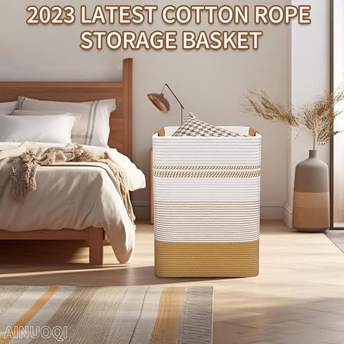 Laundry Hamper - 85L Large Laundry Basket with Leather Handles, Decorative Storage Basket for Blankets - Cotton Rope Woven Baskets for Storage, Clothes Hamper for Living Room, Jute & White