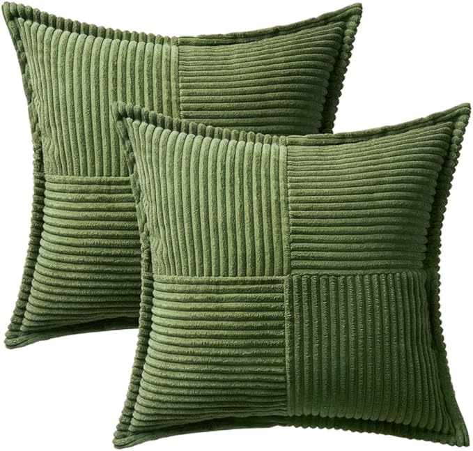 MIULEE Decorative Throw Pillow Covers for Couch Bed Livingroom 16x16 Inch Set of 2 Moss Green Boho Accent Throw Pllows Broadside Striped Patchwork Soft Corduroy Summer Pillowcases