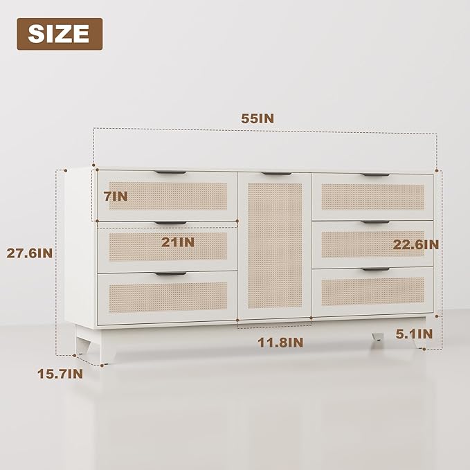 White Rattan Dresser,6 Drawers Dresser for Bedroom,55 "L Large Storage,Boho Farmhouse Style,TV Stand,Hallway,Entryway