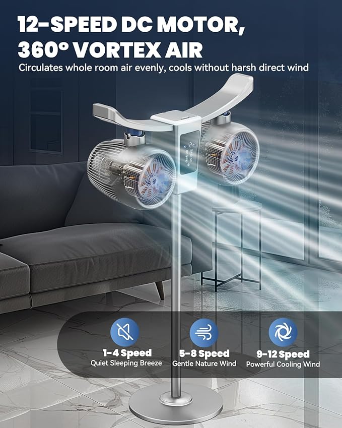 45" Oscillating Fan with Air Purifier & Humidifier | 5D 285° Air Circulator Misting Fan | 12-Speed Quiet DC Motor | Remote ＆ Panel Touch Control | 12H Timer | Adjustable Height, Floor/Tabletop Use