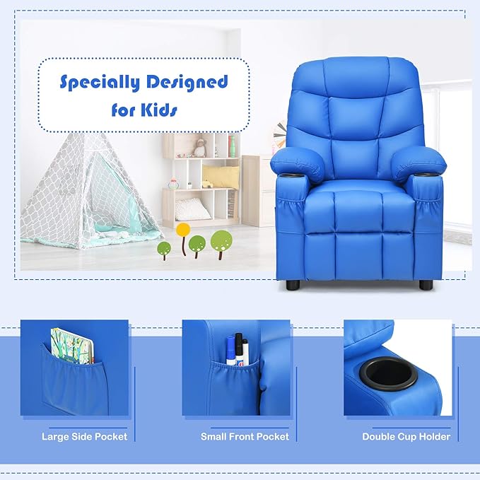 Kids Recliner, Kids Recliner Chair w/ 2 Cup Holders, PU Leather Kids Chairs Compy w/Adjustable Backrest & 3 Pockets, Toddler Furniture Sofa for Boys Girls Aged 3+ (Blue)