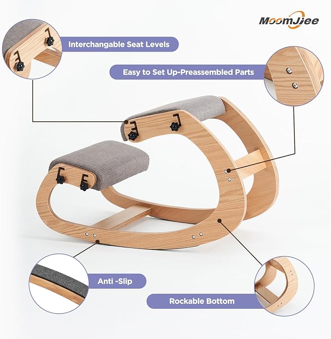 Ergonomic Kneeling Chair,Adjustable Rocking Knee Chair for Home Office,Wooden Office Chair for Back Pain Relief,Grey