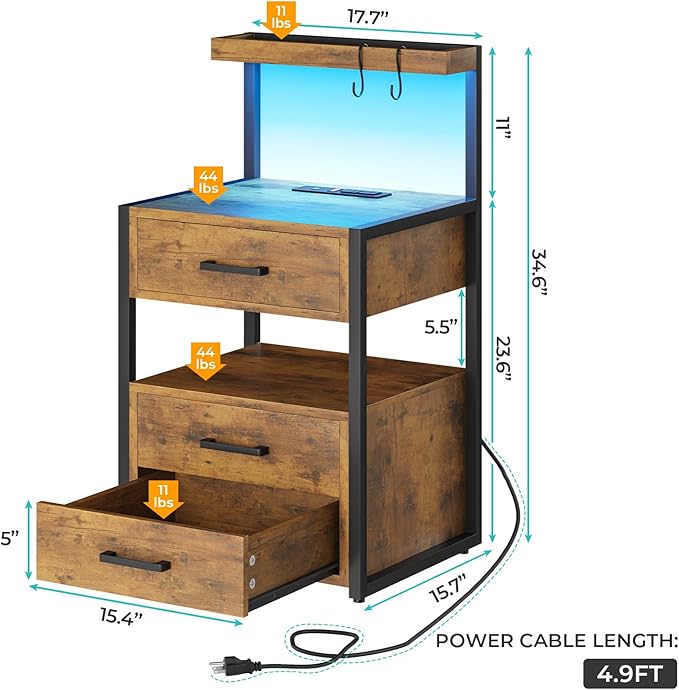 VIAGDO Nightstands Set of 2 with LED Lights, 3 Drawers Night Stands with Charging Station, Rustic Brown Bedside Tables with Storage Shelves, Modern End Side Tables for Bedroom, Office