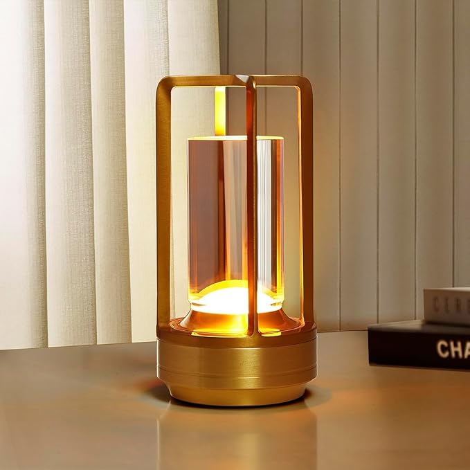Portable Cordless Table Lamp, 4000mAh Lumisom Klarako Crystal Lantern, Rechargeable Metal Table Lamp, 3 Colors Stepless Dimming Touch, Table Light for Restaurant/Bedroom/Bars/Outdoor Party/Camping