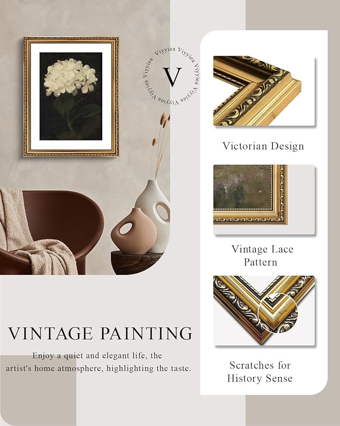 VIYYIEA Gold Framed Wall Art Canvas Print Home Decor Vintage Flower Art Aesthetic Room Decor White Hydrangea Oil Painting Canvas Prints Bedroom Bathroom Wall Decor Kitchen Office Floral Art 16x20in